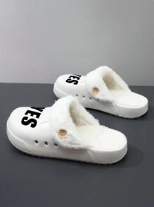 2025 Customized Laser Engraved Comfortable Women Winter Flat Wooden Sandals, Solid Color Slip-On Round Toe With Warm Lining Indoor Mules, Soft Thick Sole Warm Fleece Unisex Slippers, Casual Style Suitable For Adults, Nurses, Chefs, Gardeners