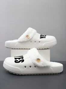 2025 Customized Laser Engraved Comfortable Women Winter Flat Wooden Sandals, Solid Color Slip-On Round Toe With Warm Lining Indoor Mules, Soft Thick Sole Warm Fleece Unisex Slippers, Casual Style Suitable For Adults, Nurses, Chefs, Gardeners