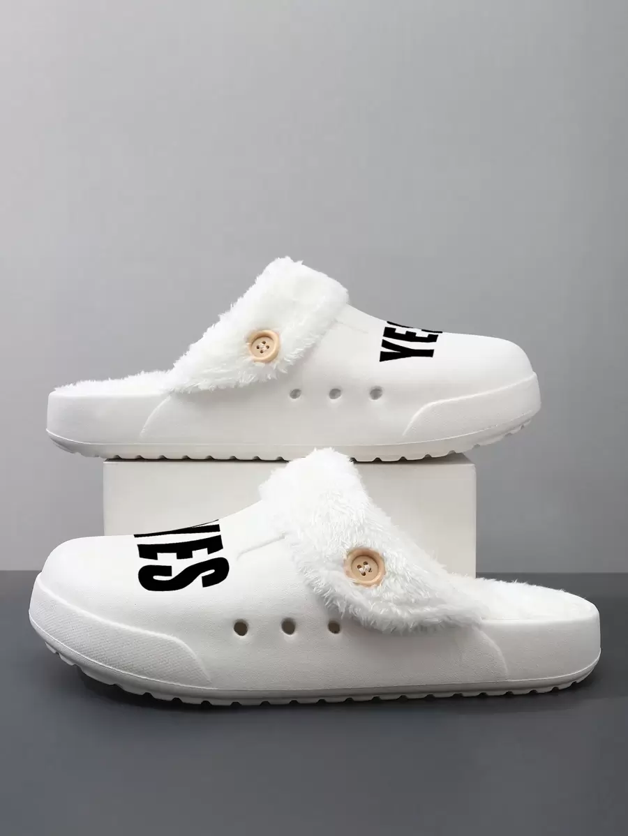 2025 Customized Laser Engraved Comfortable Women Winter Flat Wooden Sandals, Solid Color Slip-On Round Toe With Warm Lining Indoor Mules, Soft Thick Sole Warm Fleece Unisex Slippers, Casual Style Suitable For Adults, Nurses, Chefs, Gardeners