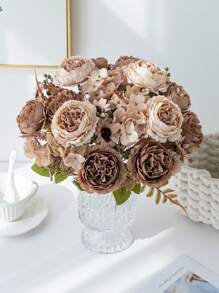 Bó hoa mẫu đơn và cẩm tú cầu bằng lụa lãng mạn (1/3 bông), hoa giả cầm tay bằng nhựa, thích hợp trang trí đám cưới/nhà cửa/phòng ngủ/phòng khách/bàn ăn/bó hoa cưới/Ngày của Mẹ. - màu nâu - Xem 3