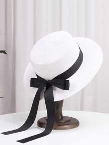 Chapeau de paille avec un nœud papillon à longues bandelettes pour femmes, chapeau de soleil à large bord pour l'été, style mode, casual, élégant et rétro bohème, protection UV, en polyester, convient pour le printemps et l'été