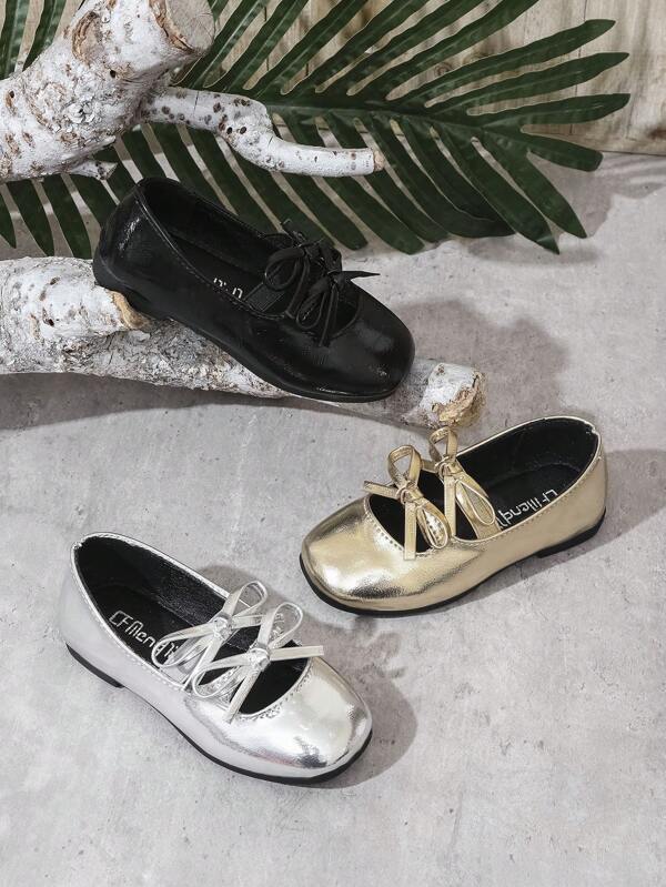 1 par de zapatos planos de princesa de unicolor y brillante con lazo versátil y antideslizante, adecuados para todas las estaciones