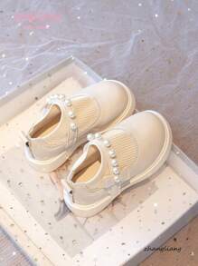 Nuevos zapatos Mary Jane para niñas, diseño con lazo de perla, zapatos planos para niños, uso casual diario, versátil, fácil de poner y quitar con para niños pequeños