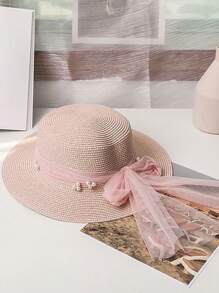New Lace Pearl Mesh Bow Decor Straw Hat, Sweet Wide Brim Sun Hat For Summer Vacations, UV Protection, Fashionable & Versatile Casual Boho Vintage Streetwear, Polyester, Bow Accent, Spring/Summer