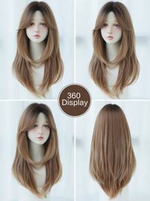 7JHH WIGS 24 Inch Elegant Layered Wig For Women Ombre Brown Straight Wig With Curtain Bangs,High Quality Synthetic Heat-Resistant Fiber Wigs For Daily Use&Music Festival&Mother's Day Gift - 漸層棕色 - 查看 5