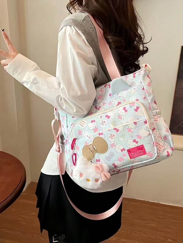 Sanrio 1pc Cartoon Kitty Large Capacity Handbag, Shoulder Crossbody Bag, Student Practical Lightweight Tuition Bag, Ins Style Storage Tote Bag, Cute Printed, Suitable As Student Back To School Gift