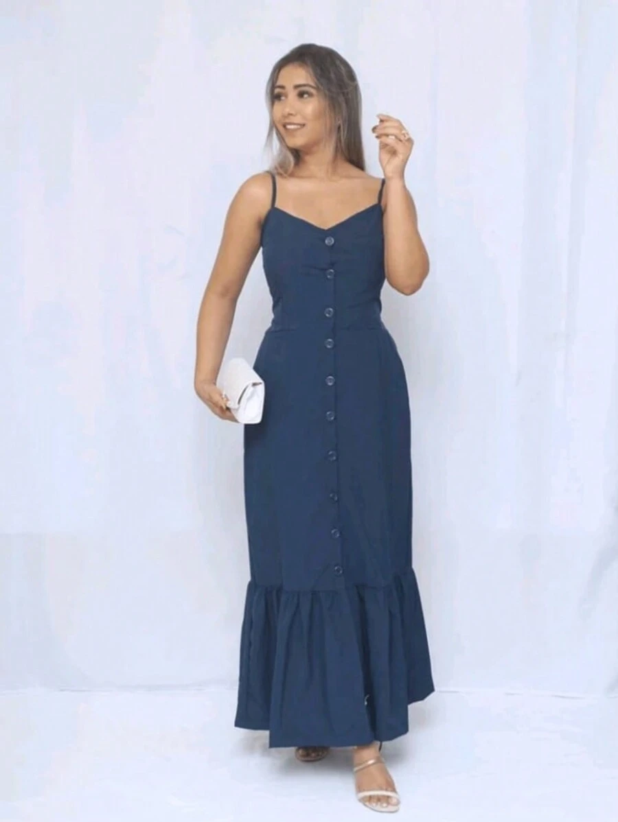 Long Dress In Viscose, Plain, Straps, Buttons On The Front, Cups And Lining. Elastex On The Back - Navy Blue - View 1