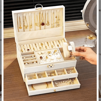 صندوق تخزين قابل للقفل قطعة واحدة، صندوق كنز مزيف باللؤلؤ، صندوق مجوهرات من جلد البولي يوريثان، صندوق مجوهرات قابل للقفل لتخزين الخواتم والأقراط والأساور والقلائد، صندوق مجوهرات أنيق قابل للقفل - منظم للأقراط والخواتم، حلول هدايا محمولة، صندوق تخزين المجوهرات، يمكن تخزين الأقراط والخواتم والساعات والأساور وغيرها من الاكسسوارات، تنظيم وتخزين، هدايا العطلات، للأصدقاء الراقيين، صناديق المجوهرات، للعطلات الشاطئية والحمام والغرفة النوم، سعة كبيرة