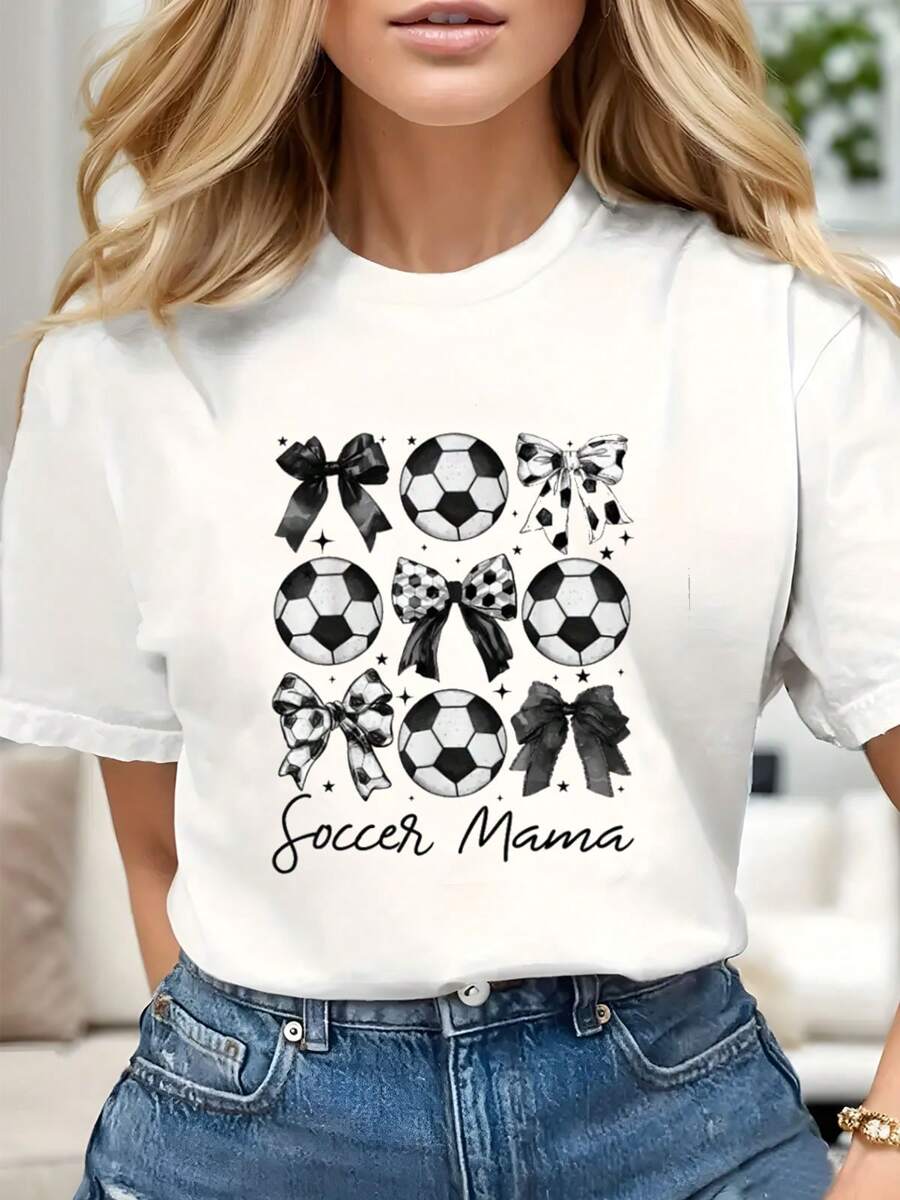 Women's Funny Soccer Mama Graphic T-Shirt Cotton Soft Stylish Casual Short Sleeve Crew Neck Top