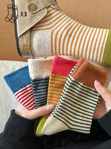 3 Pairs Ladies Random Striped Mid-Calf Socks, Casual, All Season, Fall - Multicolor - View 5