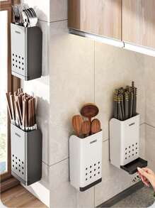 Supporto per bacchette da cucina montato a parete senza foratura con drenaggio, contenitore di stoccaggio per posate, cucchiai e forchette, scolabacchette, accessori da cucina, decorazione per la stanza, adatto per cucina, ristorante, festa, campeggio, all'aperto, raduno, regalo per amici e famiglia