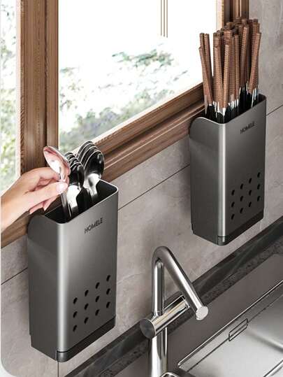 免钻壁挂式厨房筷子架带沥水架，餐具勺叉收纳盒，筷子沥水架，厨房收纳用具，房间装饰，适用于厨房、餐厅、派对、露营、户外、聚会，送给朋友、家人的礼物