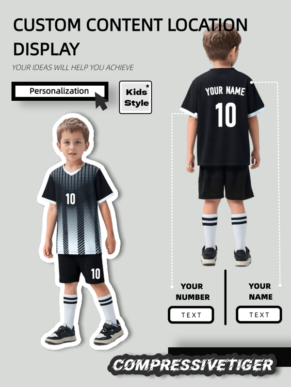 2pcs Boy's Personalized Soccer Jersey - Customizable Name And Number Print Stripe Decor Short Sleeve T-Shirt + Shorts Co-Ord Quick-Drying Sweat-Absorbing Sports Set As Gift
