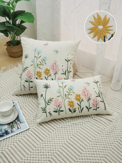 1pc, Plant Flower Embroidery Cushion Cover Home Fabric Bedside Soft Bag Sofa Decoration Pillow, Home Decor, Room Decor, Office Decor, Living Room Decor, Sofa Decor (No Pillow Core) Gifts Birthday Graduation