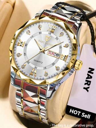 NARY 1pc Men's Casual Business Quartz Watch, Waterproof Calendar Stainless Steel Strap Wristwatch. Suitable For Daily Life Decoration, Festive Gifts.