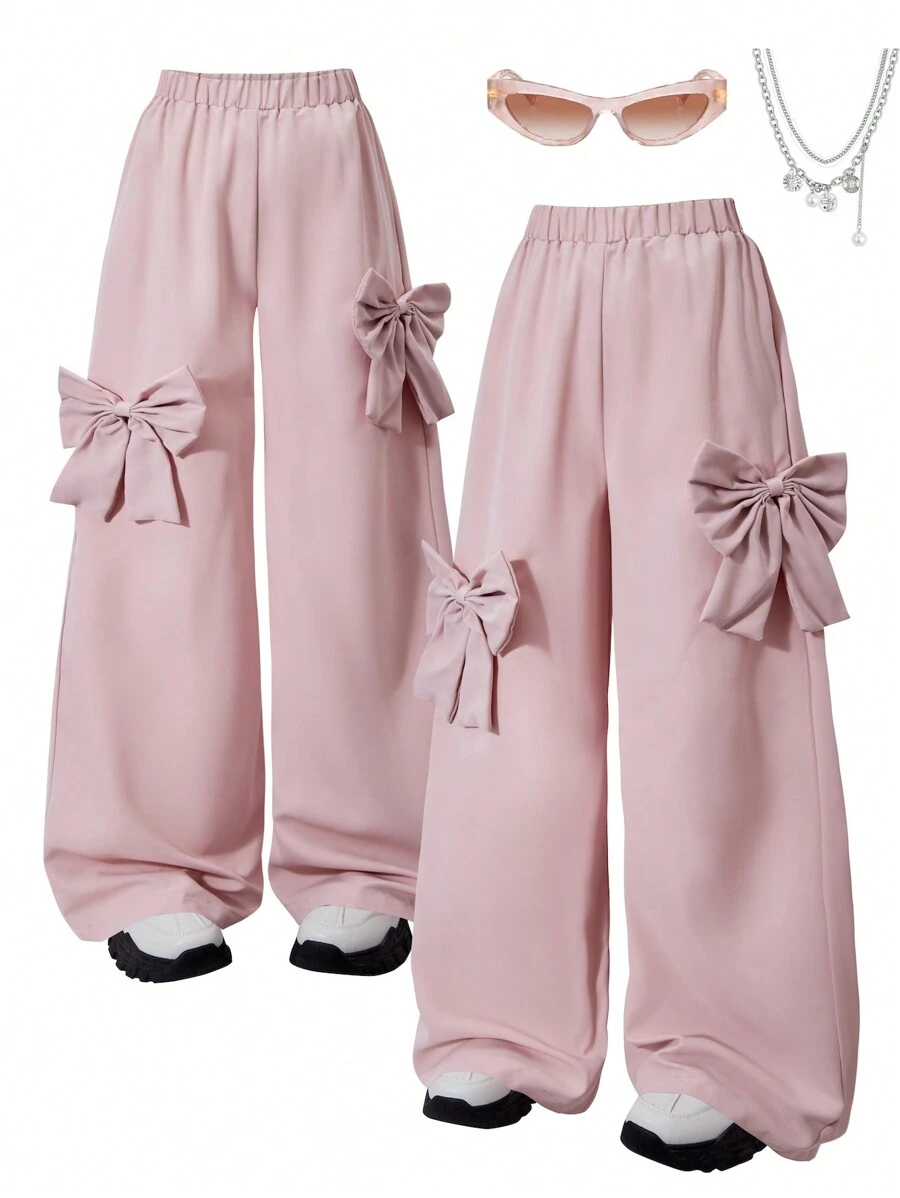 Tween Girls' Fashionable Loose Fit Butterfly Decor Wide Leg Pants, Casual & Minimalist, Suitable For Outdoor, Party, School And Daily Wear In Spring And Autumn
