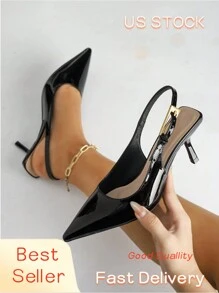 Women's Pointed Toe Elegant Fashion Button Decor Patent Leather High Heels With Ankle Strap, Simple & Comfortable, Suitable For Work, Commute And Dress Up - Black - View 1