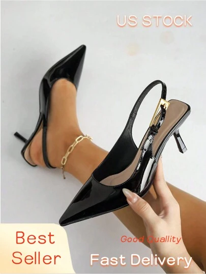 Women's Pointed Toe Elegant Fashion Button Decor Patent Leather High Heels With Ankle Strap, Simple & Comfortable, Suitable For Work, Commute And Dress Up