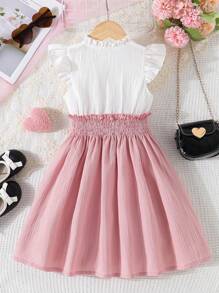 Young Girls' Solid Color Ruffle Trim Cap Sleeve Splice Dress - Pink - View 2
