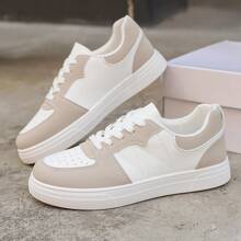 Spring-Autumn White Casual Sports Sneakers For Women, Fashion Low-Top, Lightweight, Non-Slip, Low Heel, Round Toe, Comfortable Lace-Up Leather Outsole, Outdoor Leisure Shoes - Multicolor - View 3
