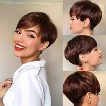 Perruque synthétique brune foncée à coupe pixie court, avec des cheveux naturels droits et superposés, avec des franges volumineuses. Résistante à la chaleur, convient pour un usage quotidien pour les femmes