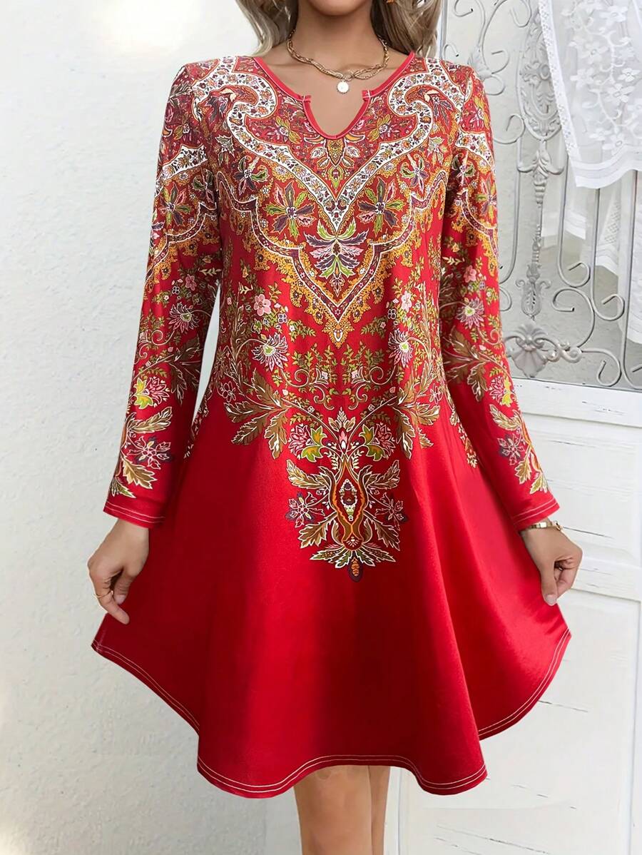 Women's Casual Retro Style Printed Long Sleeved Dresses For Women,Fashion Scallop Women Short Dresses,Spring Outfits For Women,Women's Long - Sleeve V - Neck Dress, Floral & Paisley Print, Flared Hem Design, Ideal For Casual & Special Occasions, Must - Have Fall Wardrobe, Stylish Autumn Dress,Fall Dresses For Women - Red - View 1
