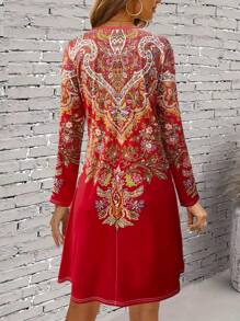 Women's Casual Retro Style Printed Long Sleeved Dresses For Women,Fashion Scallop Women Short Dresses,Spring Outfits For Women,Women's Long - Sleeve V - Neck Dress, Floral & Paisley Print, Flared Hem Design, Ideal For Casual & Special Occasions, Must - Have Fall Wardrobe, Stylish Autumn Dress,Fall Dresses For Women - Red - View 2