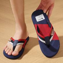 Men's Slippers & Beach Sandals, Unisex Summer Breathable Sport Slide Sandals, Fashion Thong Slippers With Woven Band Colorblock Design, Non-Slip Indoor Outdoor Casual Flip Flops