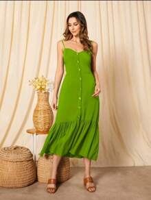 Long Dress In Viscose, Plain, Straps, Buttons On The Front, Cups And Lining. Elastex On The Back - Lime Green - View 1