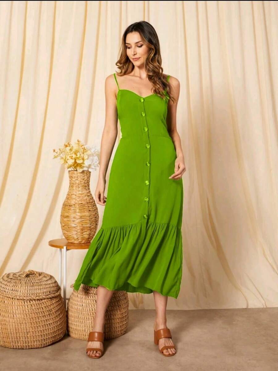 Long Dress In Viscose, Plain, Straps, Buttons On The Front, Cups And Lining. Elastex On The Back - Lime Green - View 1
