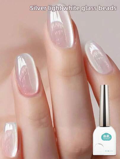 1 Bottle/12ml Silver White Glass Bead Feline Eye Reflective Glitter Gel Nail Polish, Diamond Glitter Gel Nail Polish, Magnetic Gel Nail Polish, Glossy Transparent Nail Polish, UV LED Compatible