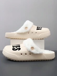 2025 New Customized Laser Engraved Fashion Comfortable Men's Winter Flat Wooden Clogs, Slip-On Solid Color Round Toe With Warm Lining House Slippers, Indoor Solid Color Faux Fur Mule Slides, Thick Soft Sole Warm Thermal Lined Slippers, Casual Style, Suitable For Adults, Nurses, Chefs, Gardeners