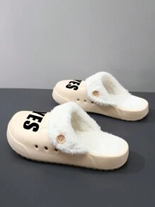 2025 New Customized Laser Engraved Fashion Comfortable Men's Winter Flat Wooden Clogs, Slip-On Solid Color Round Toe With Warm Lining House Slippers, Indoor Solid Color Faux Fur Mule Slides, Thick Soft Sole Warm Thermal Lined Slippers, Casual Style, Suitable For Adults, Nurses, Chefs, Gardeners