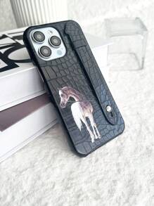 Funda de teléfono con correa de muñeca de caballo blanco, funda protectora 2 en 1 compatible con teléfonos modelo iPhone, con cubierta trasera de PU con estampado de cocodrilo negro de lujo y caballo impreso con UV, y soporte de teléfono ajustable