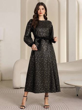 Women's Round Neck With Belted Bling Print Loose Elegant Long Sleeve Robe Abaya Modest Kafftan Jalabiya Arabian Dresses