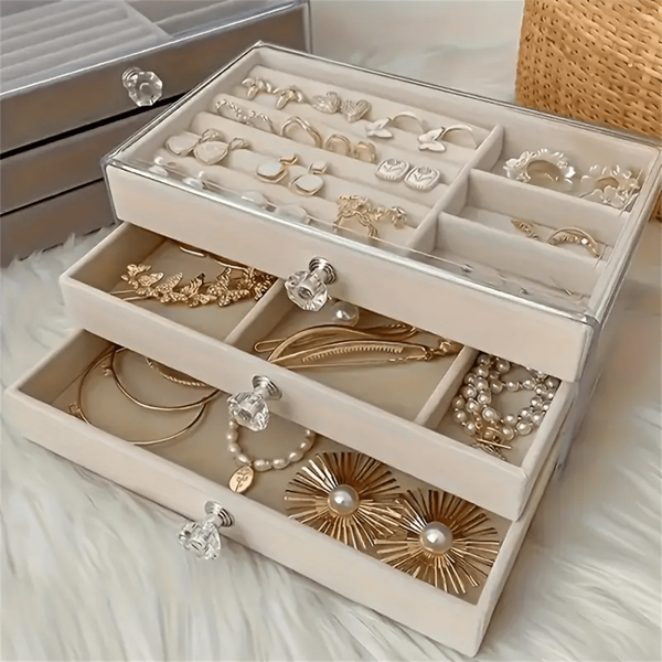 Caixa organizadora de joias de 3/5 camadas com gavetas - Armazenamento de joias retangular de plástico para mesa para correntes, colares, pulseiras, brincos - Multiuso - Armazenamento de joias elegante e prático para casa