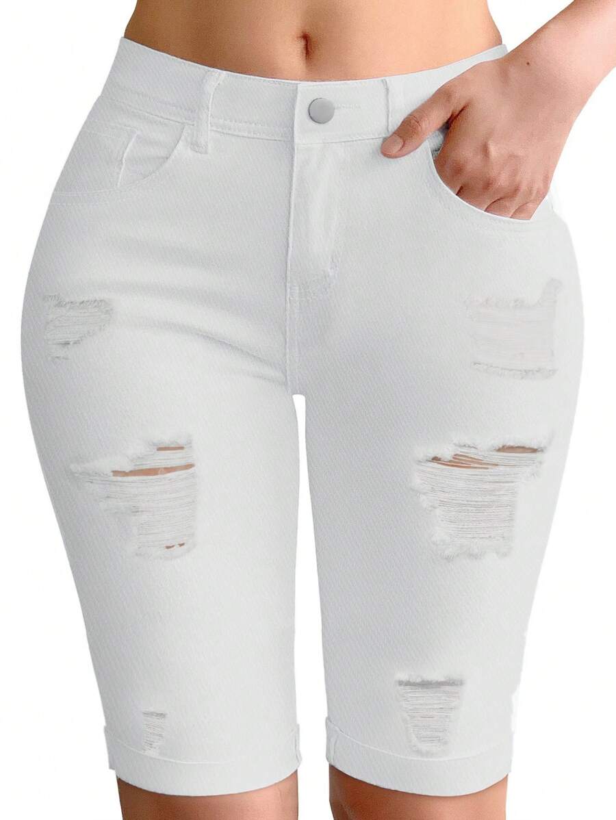 Women Distressed Ripped High Waist Denim Cycling Shorts, Casual For Spring/Summer Holiday - White - View 1