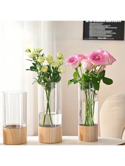 1pc Nordic Acrylic Flower Vase Wooden Base Perfect Home Bloemen Arrangements Back To School Room Supplies Glass view 8