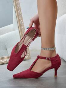 Women's Red Square Toe Mid-Heel Mary Jane Shoes, Pointed Toe Hollow Closed Toe Ankle Strap High Heel Sandals