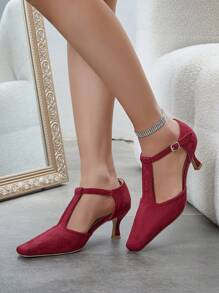 Women's Red Square Toe Mid-Heel Mary Jane Shoes, Pointed Toe Hollow Closed Toe Ankle Strap High Heel Sandals