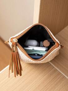 迷你斜挎包 手工编织手提包 纯色 法式流苏装饰 大容量 多功能 拉链肩带 旅行购物袋 日用草编钱包 沙滩包 沙滩必需品 沙滩用品及夏季必需品 钱包 女士迷你斜挎包 钱包 钱包 - 棕色 - 查看 5
