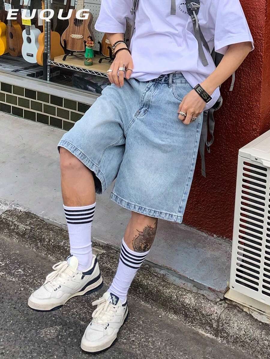 Shorts Denim Casuais e Folgadas com Bolsos para Homens, Shorts Denim Versáteis para o Verão