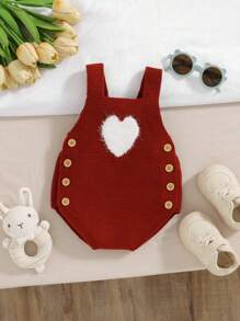 1 szt. Czerwone body dla dziewczynek, body z dzianiny w kształcie serca na szelkach - Burgund - Zobacz 4