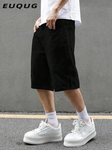 男士夏季休闲黑色斜口袋牛仔百慕大短裤，美式街头风格百搭及膝牛仔短裤