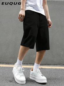 男士夏季休闲黑色斜口袋牛仔百慕大短裤，美式街头风格百搭及膝牛仔短裤