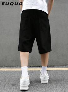 男士夏季休闲黑色斜口袋牛仔百慕大短裤，美式街头风格百搭及膝牛仔短裤