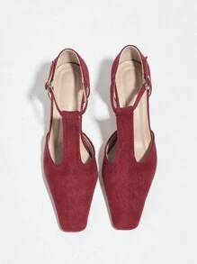 Women's Red Square Toe Mid-Heel Mary Jane Shoes, Pointed Toe Hollow Closed Toe Ankle Strap High Heel Sandals