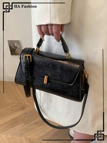 Retro Suede PU Patchwork Handbag & Shoulder Bag For Women, Casual Square Crossbody Bag For Work - Black - View 3