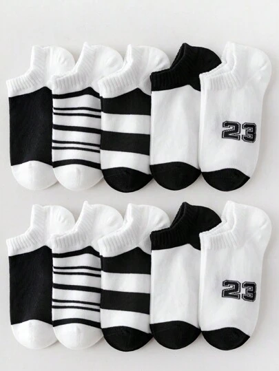 10 双儿童棉袜，黑白条纹运动船袜，休闲百搭透气短袜，采用精梳棉制成，穿着柔软舒适，适合返校和日常使用