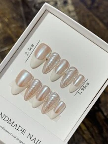 美甲金属按压式美甲，银色魔镜粉杏仁形法式美甲设计，婚礼场合美甲用品按压式指甲 - 米色 - 查看 4